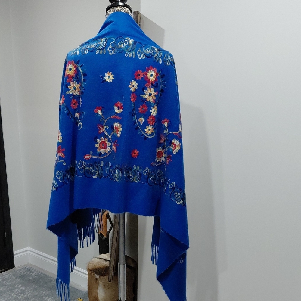 Blue Floral Embroidered Shawl